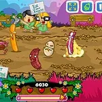 Ilustrovaná scénka s kreslenými postavami a jídlem v pestrých barvách, kde někteří nesou nápisy Eat Green a Save Veggies
