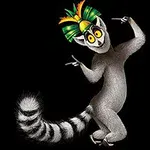 Zábavný lemur s barevnou korunou na hlavě a výrazným pruhovaným ocasem na černém pozadí