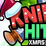 Nápis Knife Hit Xmas s vánoční čepicí, dřevěným špalíkem a dárkovým balíčkem s mašlí
