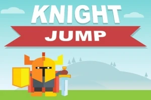 Ilustrace rytíře s mečem a štítem na pozadí krajiny s nápisem KNIGHT JUMP