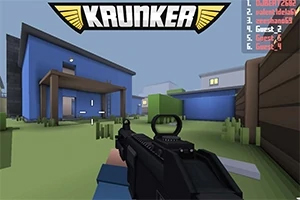 Pohled na zbraň z perspektivy první osoby v herním prostředí s modrými budovami a zobrazeným logem Krunker nahoře