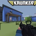 Pohled na zbraň z perspektivy první osoby v herním prostředí s modrými budovami a zobrazeným logem Krunker nahoře