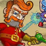 Muž s oranžovými vlasy a výrazným knírem v červeném oblečení střílí zelenou zbraní na robota s modrým hlavou