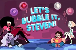 Čtyři kreslené postavy sedí na zemi pod nápisem „Lets Bubble It, Steven!