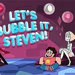 Čtyři kreslené postavy sedí na zemi pod nápisem „Lets Bubble It, Steven!