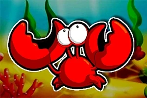 Červený kreslený krab s velkými klepety na podmořském pozadí s řasami