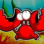 Červený kreslený krab s velkými klepety na podmořském pozadí s řasami