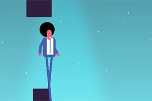 Postava s velkým afro účesem ve formálním oblečení balancuje na uzké cestě mezi tmavými bloky na modrém pozadí s bílými tečkami