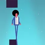 Postava s velkým afro účesem ve formálním oblečení balancuje na uzké cestě mezi tmavými bloky na modrém pozadí s bílými tečkami