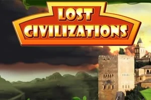 Název Lost Civilizations na oranžovém pozadí s obrázkem starobylého hradu a lesnaté krajiny