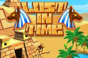 Název Lost in Time s egyptskými motivy, pyramidami a palmovými stromy na pouštním pozadí