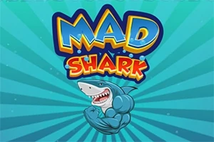 Barevný nápis Mad Shark s kresleným žralokem s svalnatým tělem na paprskovém modrém pozadí