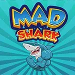 Barevný nápis Mad Shark s kresleným žralokem s svalnatým tělem na paprskovém modrém pozadí