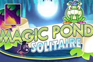 Barevný nápis s textem Magic Pond Solitaire na pozadí s žábou a světélkujícími prvky