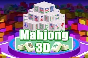 Trojrozměrná pyramida z mahjongových kamenů s nadpisem Mahjong 3D na barevném pozadí