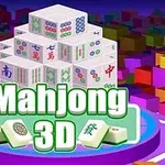 Trojrozměrná pyramida z mahjongových kamenů s nadpisem Mahjong 3D na barevném pozadí