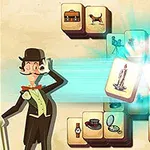 Ilustrace zobrazující muže v klobouku s lupou vedle sady dlaždic s různými obrázky jako svíčky, pes, boty a hrnek