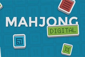Nápis MAHJONG DIGITAL na modrém pozadí s různobarevnými čtvercovými motivy