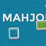 Nápis MAHJONG DIGITAL na modrém pozadí s různobarevnými čtvercovými motivy