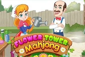Dívka zalévá konev a usmívající se muž stojí vedle ní, s nápisem „Flower Tower Mahjong“ v popředí