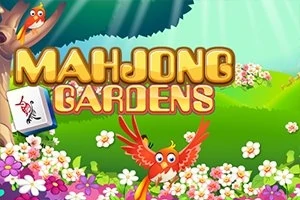 Barevný pták uprostřed květin, titulky MAHJONG GARDENS nahoře a symbol mahjongu vlevo