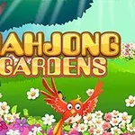 Barevný pták uprostřed květin, titulky MAHJONG GARDENS nahoře a symbol mahjongu vlevo