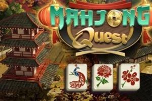 Název Mahjong Quest s tradiční japonskou pagodou v pozadí a třemi herními kameny s motivem páva, květiny a rostliny v popředí
