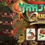 Název Mahjong Quest s tradiční japonskou pagodou v pozadí a třemi herními kameny s motivem páva, květiny a rostliny v popředí
