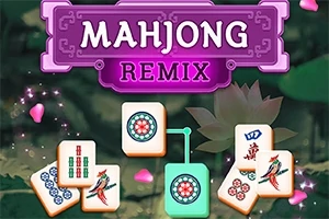 Název Mahjong Remix s motivem herních dlaždic na zeleném pozadí