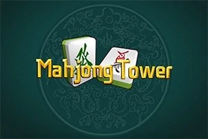 Dva mahjongové kameny s čínskými znaky na tmavě zeleném pozadí s nápisem Mahjong Tower