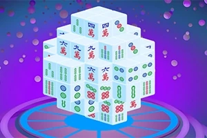 3D puzzle z mahjongových kamenů na fialovo-modrém pozadí s kruhovým vzorem