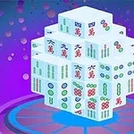 3D puzzle z mahjongových kamenů na fialovo-modrém pozadí s kruhovým vzorem