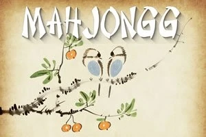 Ilustrace dvou ptáků sedících na větvi s listy a oranžovými plody, s nápisem MAHJONGG nahoře
