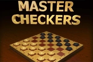 Dřevěná šachovnice s bílými a černými kameny a nadpisem MASTER CHECKERS nahoře