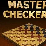 Dřevěná šachovnice s bílými a černými kameny a nadpisem MASTER CHECKERS nahoře