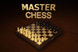 Šachovnice seřazená s bílými a černými figurkami a nápisem MASTER CHESS