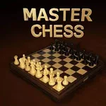 Šachovnice seřazená s bílými a černými figurkami a nápisem MASTER CHESS