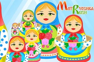Barevné ilustrace ruských matrjošek s květinovými vzory na pozadí s nápisem
