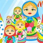 Barevné ilustrace ruských matrjošek s květinovými vzory na pozadí s nápisem
