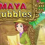 Žena v klobouku drží mapu před starodávným kamenným rámem s nápisem MAYA Bubbles v džungli s mayskými pyramidami v pozadí