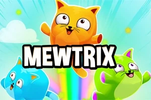 Tři barevné kreslené kočky vyskakující s duhovým pozadím a textem MEWTRIX uprostřed