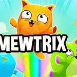 Tři barevné kreslené kočky vyskakující s duhovým pozadím a textem MEWTRIX uprostřed