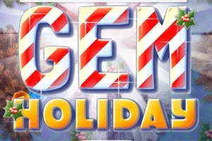 Barevný nápis GEM HOLIDAY s pruhy připomínajícími cukrovou hůlku a ozdobami cesmíny na pozadí zimní krajiny