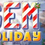 Barevný nápis GEM HOLIDAY s pruhy připomínajícími cukrovou hůlku a ozdobami cesmíny na pozadí zimní krajiny