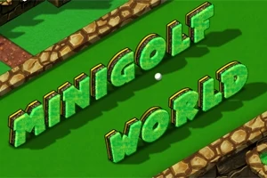 Název MINIGOLF WORLD zobrazený na zelené trávě, obklopené kamennými okraji