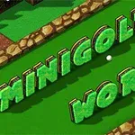 Název MINIGOLF WORLD zobrazený na zelené trávě, obklopené kamennými okraji