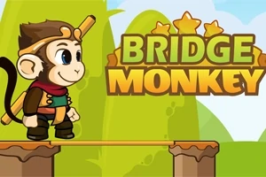Kreslená opice stojí na dřevěném mostě s nápisem Bridge Monkey a třemi hvězdami na pozadí zelených kopečků