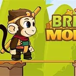 Kreslená opice stojí na dřevěném mostě s nápisem Bridge Monkey a třemi hvězdami na pozadí zelených kopečků