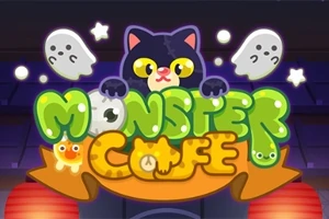 Černá kočka s velkýma očima nad nápisem Monster Cafe obklopená duchy a hvězdami