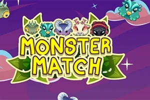 Barevný nápis Monster Match s obrázky šesti kreslených příšerek na fialovo-modrém pozadí s hvězdami